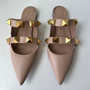 Valentino Garavani Roman Stud Flat Mule Nude Leather Gold Studs 40.5